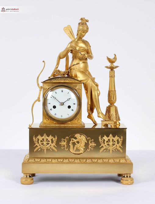 Antike französische Kaminuhr, feuervergoldete Psyche Pendule um 1820 - Frankreich
feuervergoldete Bronze
Empire um 1820