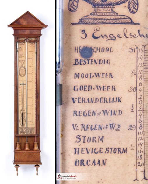 Baromètre antique, thermomètre, Pays-Bas vers 1850, Bakbaromètre - Dordrecht (Pays-Bas)
acajou, papier, mercure
daté : 1852