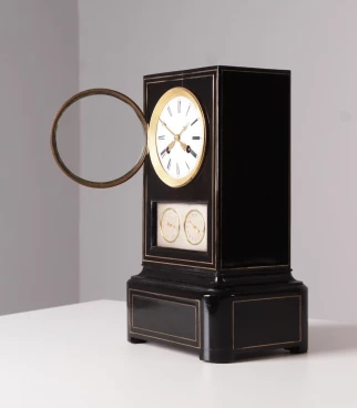 Orologio antico con calendario, legno nero, Francia, 1850 circa