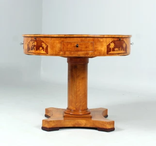 Antique Biedermeier Game Table for Four People Light Wood Marquetry