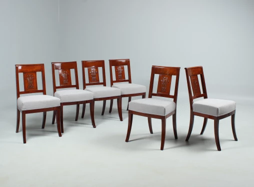 Six antique chairs, restored, newly upholstered, mahogany, antique - France
Mahogany
early 19th century