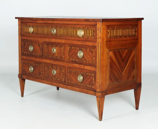 Ancien Louis XVI commode, secrétaire, marqueterie, la France vers 1785 - Est de la France
Cerisier, prunier et autres.
Classicisme vers 1785