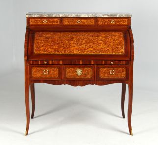 Antico scrittoio da donna a cilindro con impiallacciatura in ostrica