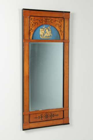 Miroir mural ancien de style Biedermeier en merisier, avec verre d